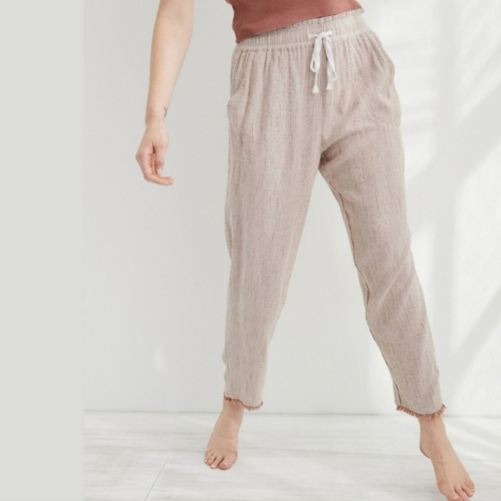 Aerie Real Good White Striped Smocked High Rise Gauze Cotton Beach Pants